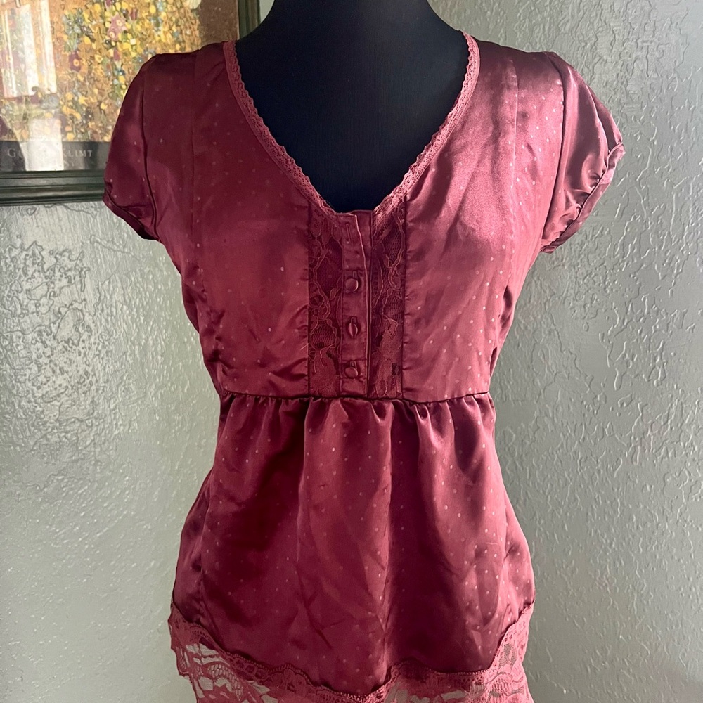 Y2K Satin Burgundy Shirt Sleeve Lace Trim Top Sz L 2000s Fashion